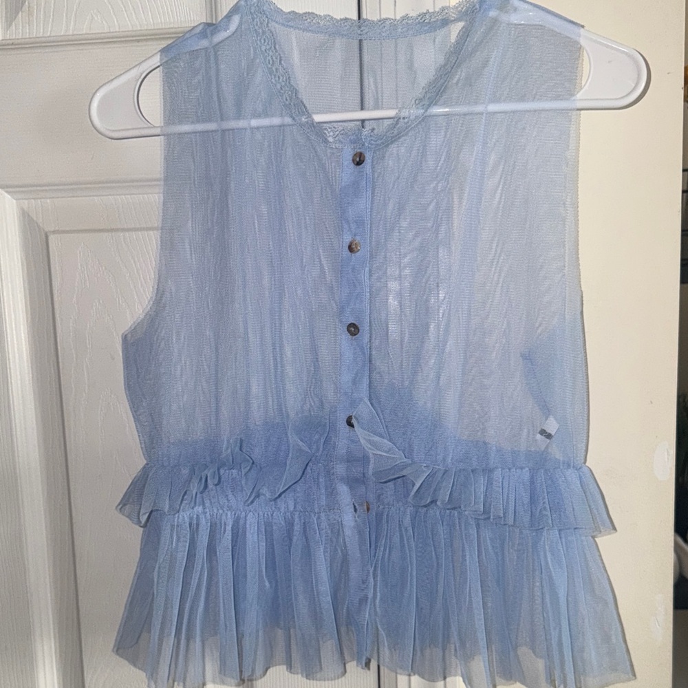 Sheer Ruffle Peplum Button-Front Top - Light Blue